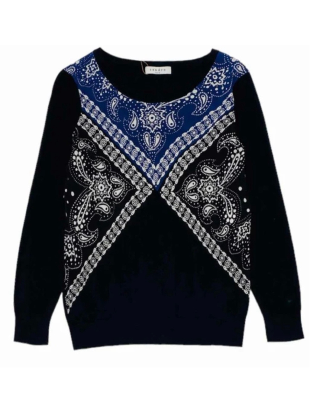 Women's Sandro Black Blue Bandana Print Crew Neck Cotton/Silk Sweater S
